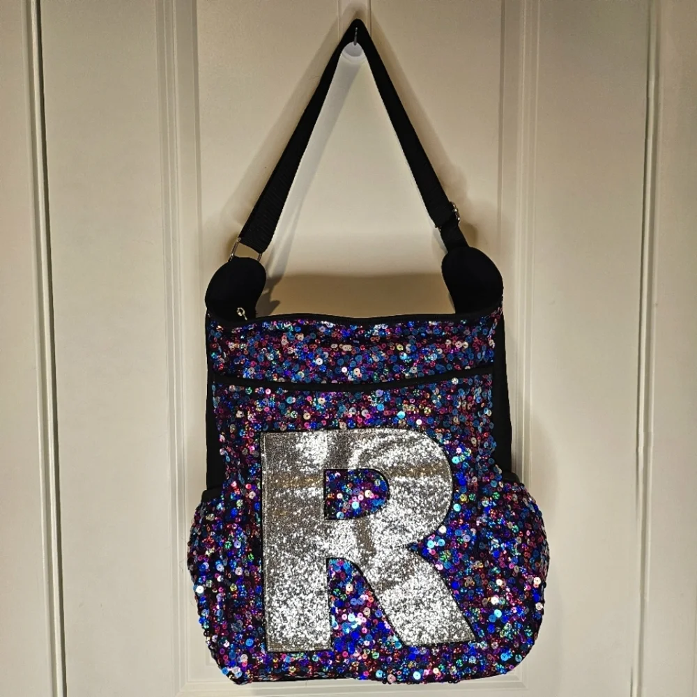 Justice Girls Black Messenger Bag Purple Silver Sequin Initial “R” Crossbody - Picture 3 of 16